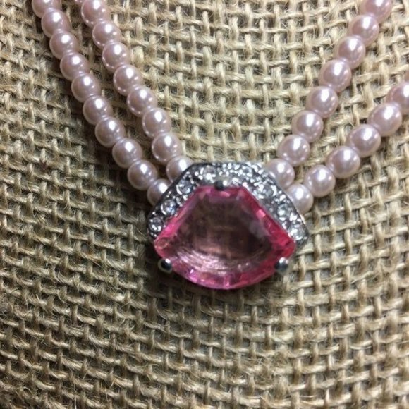 Pink Pearl Necklace Double Strand Rhinestone Silver Chain Soft Girl Barbie Retro - Picture 2 of 7